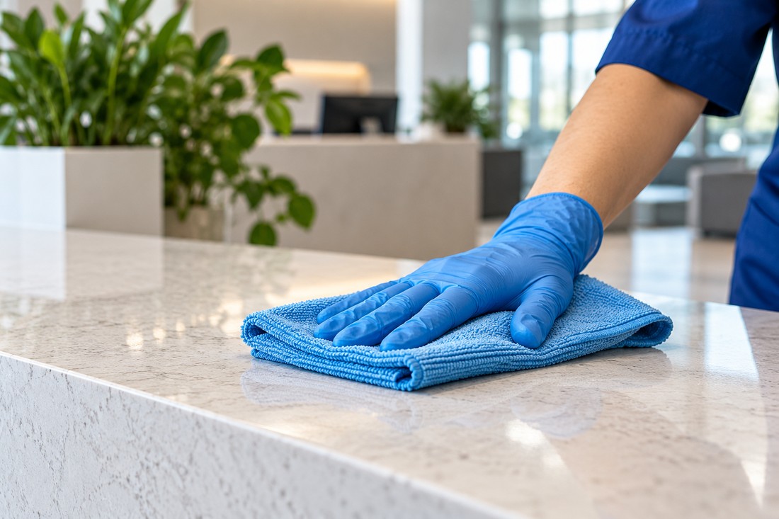 Careful cleaning of a countertop with a blue cloth