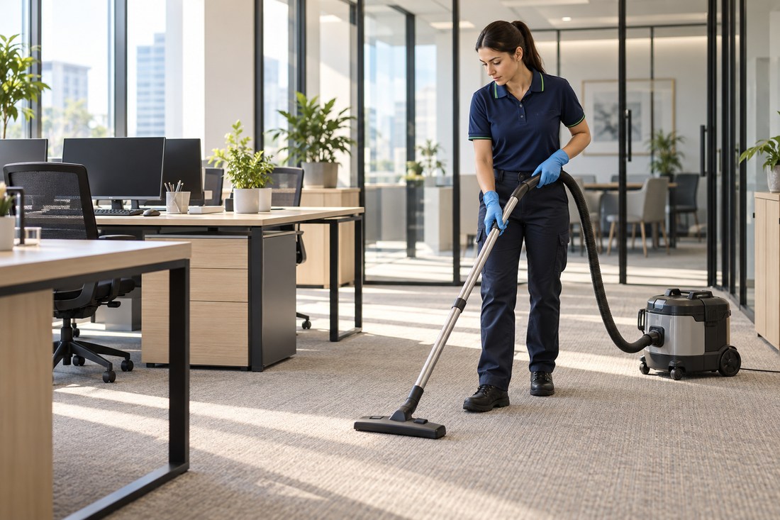 A bright commercial interior with clean floors and work areas
