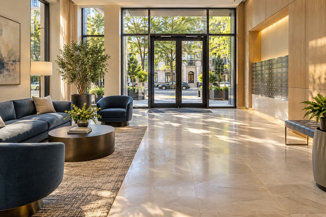 A welcoming apartment lobby with seating and large windows